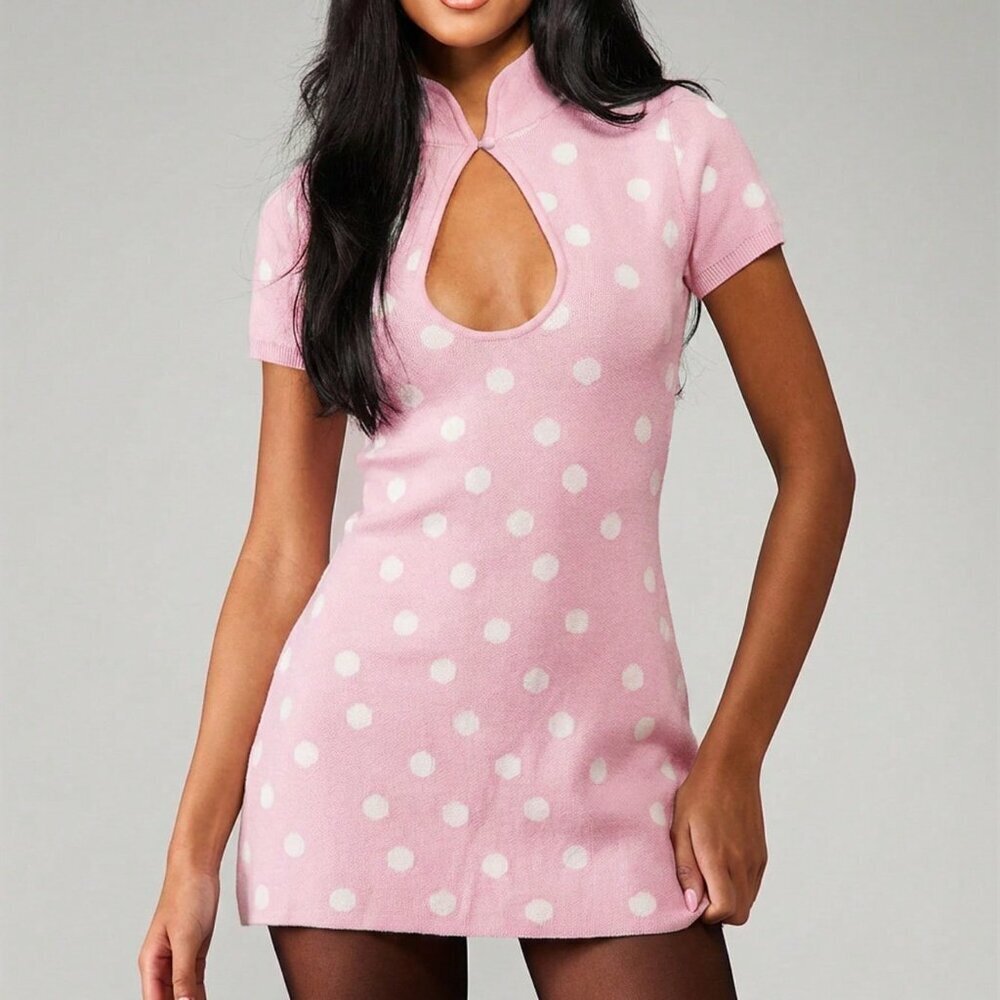 Pink Casual Women's Polka Dot Bodycon Sweater Mini Dress